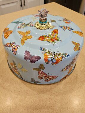 RARE MACKENZIE CHILDS SKY BUTTERFLY GARDEN ENAMEL CAKE DOME LID SERVER COVER